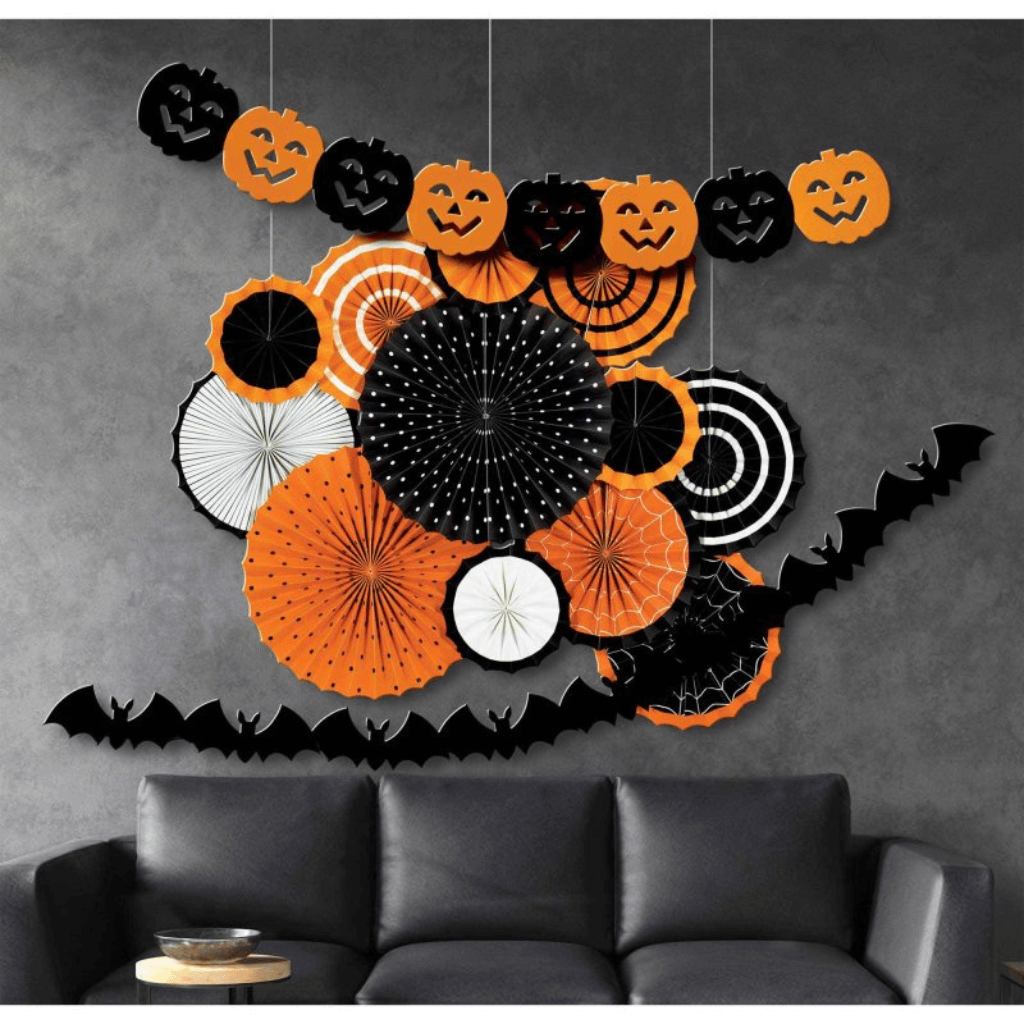 Halloween Classic Orange &amp; Black Paper Fan Room Decorating Kit