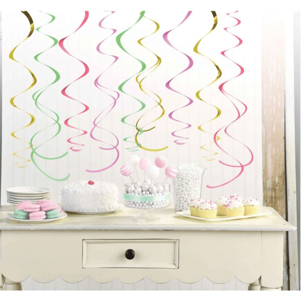 Plastic Swirl Decorations - Pastel Colours and Gold Foil