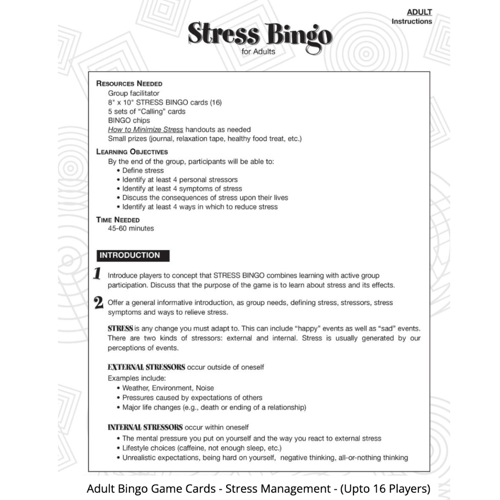Adult Bingo Game Cards - Stress Management