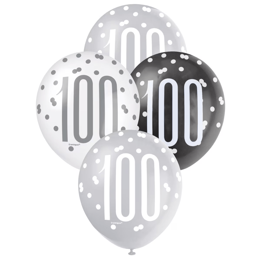 Black, Silver and White Latex Balloons - 100th Birthday
