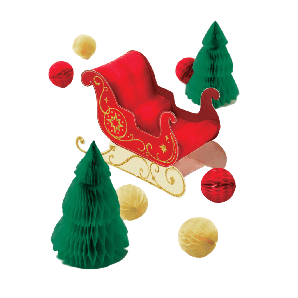Red sleigh with gold details, green trees, and red and yellow balls on a light background