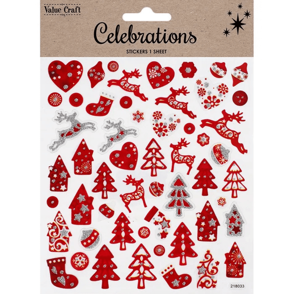 Christmas Glitter Stickers - Traditional Shapes in Red