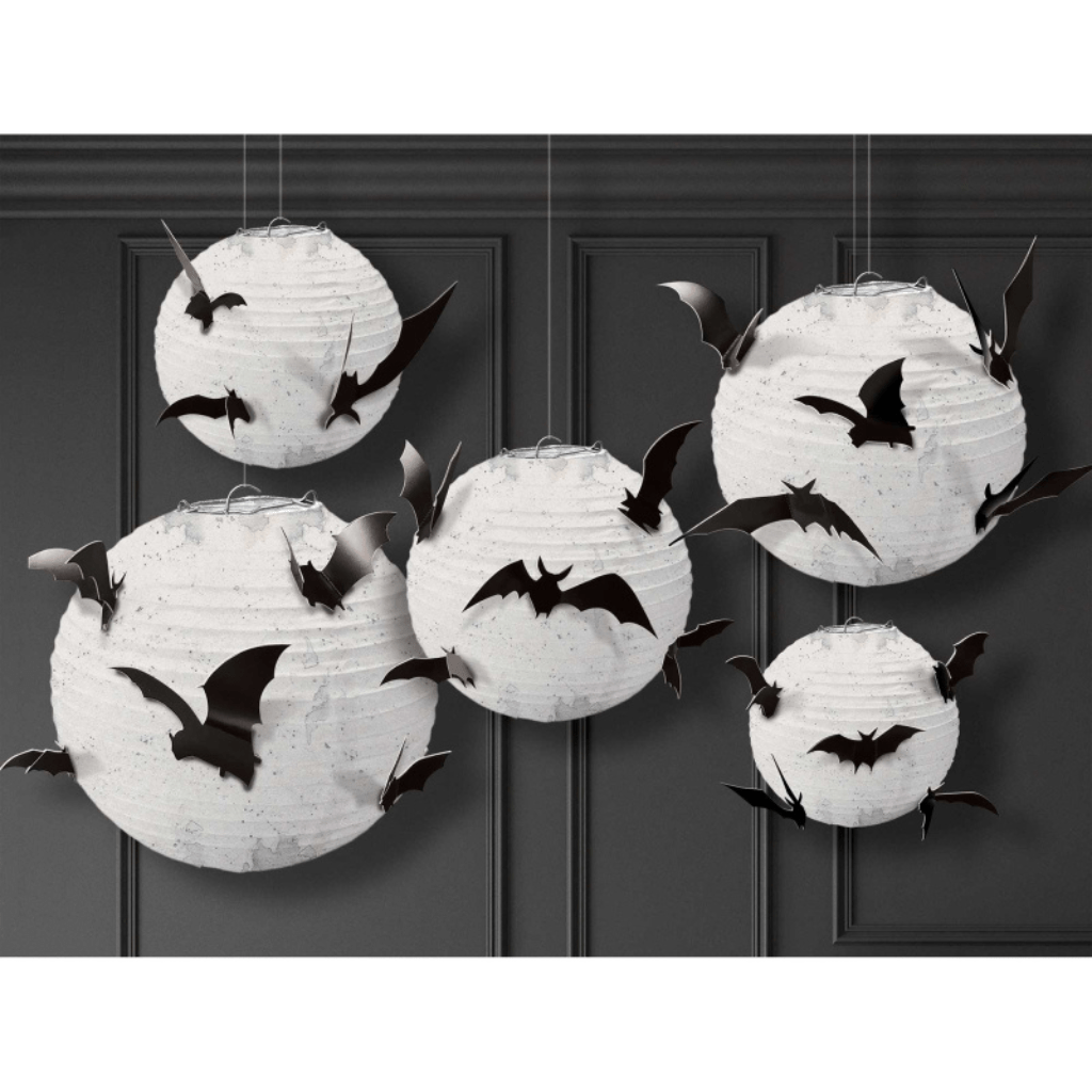 Halloween Black & White Paper Lanterns with Bat Add-Ons