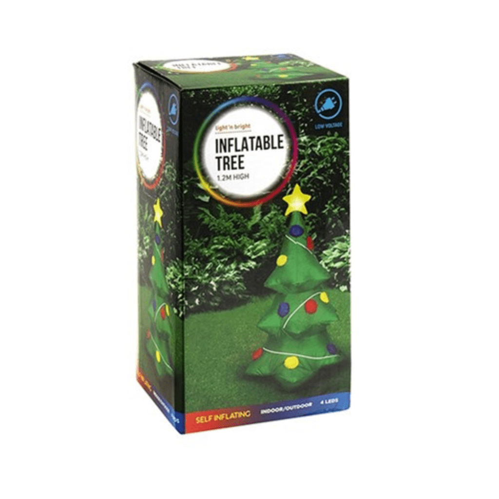Box packaging of an inflatable Christmas tree with graphics and text on a white background