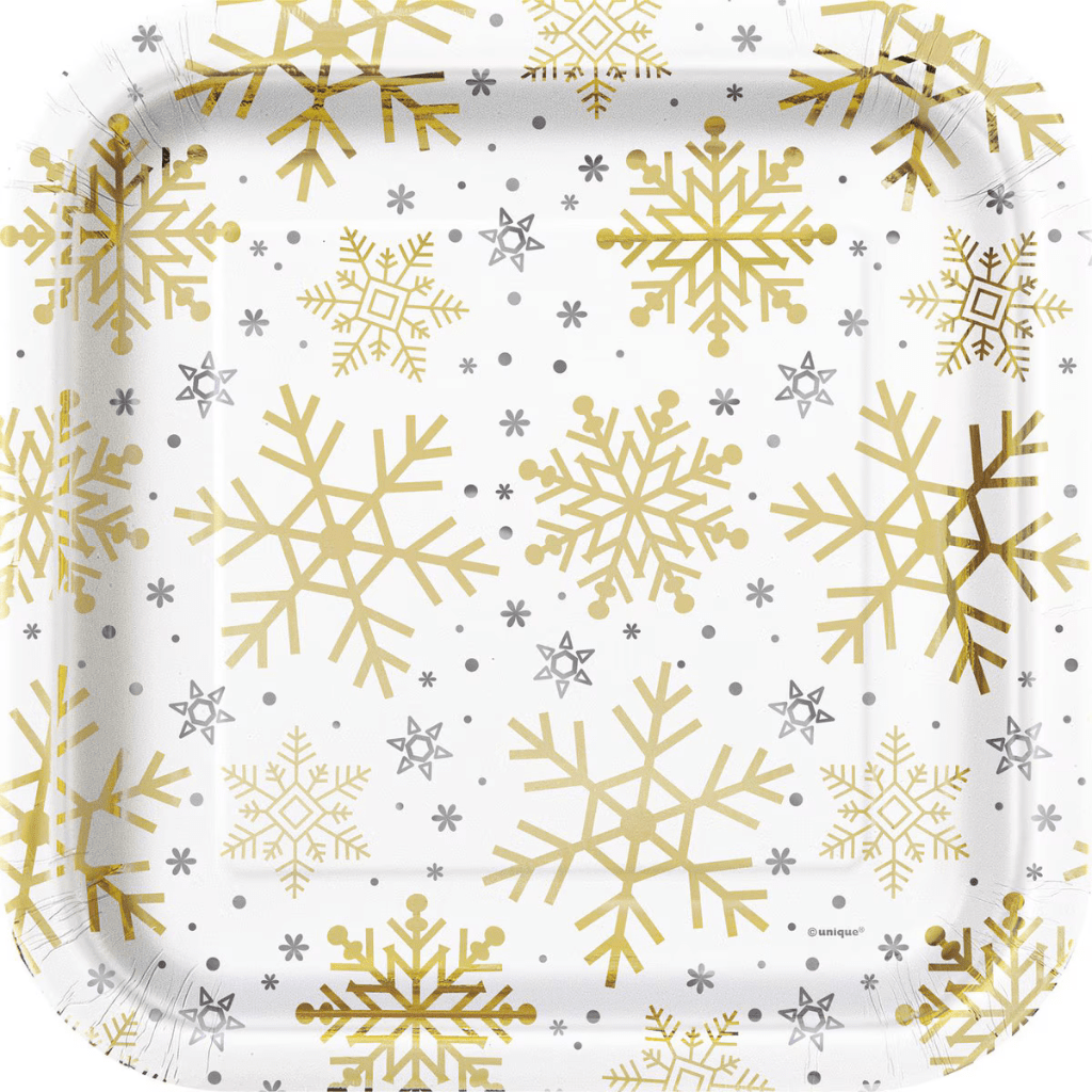 Silver and Gold Holiday Snowflakes 23cm Square Plates