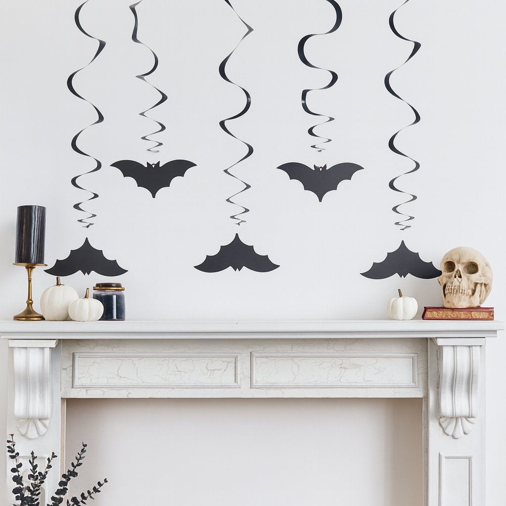 Halloween decorations with black bat shapes on a white wall above a fireplace.