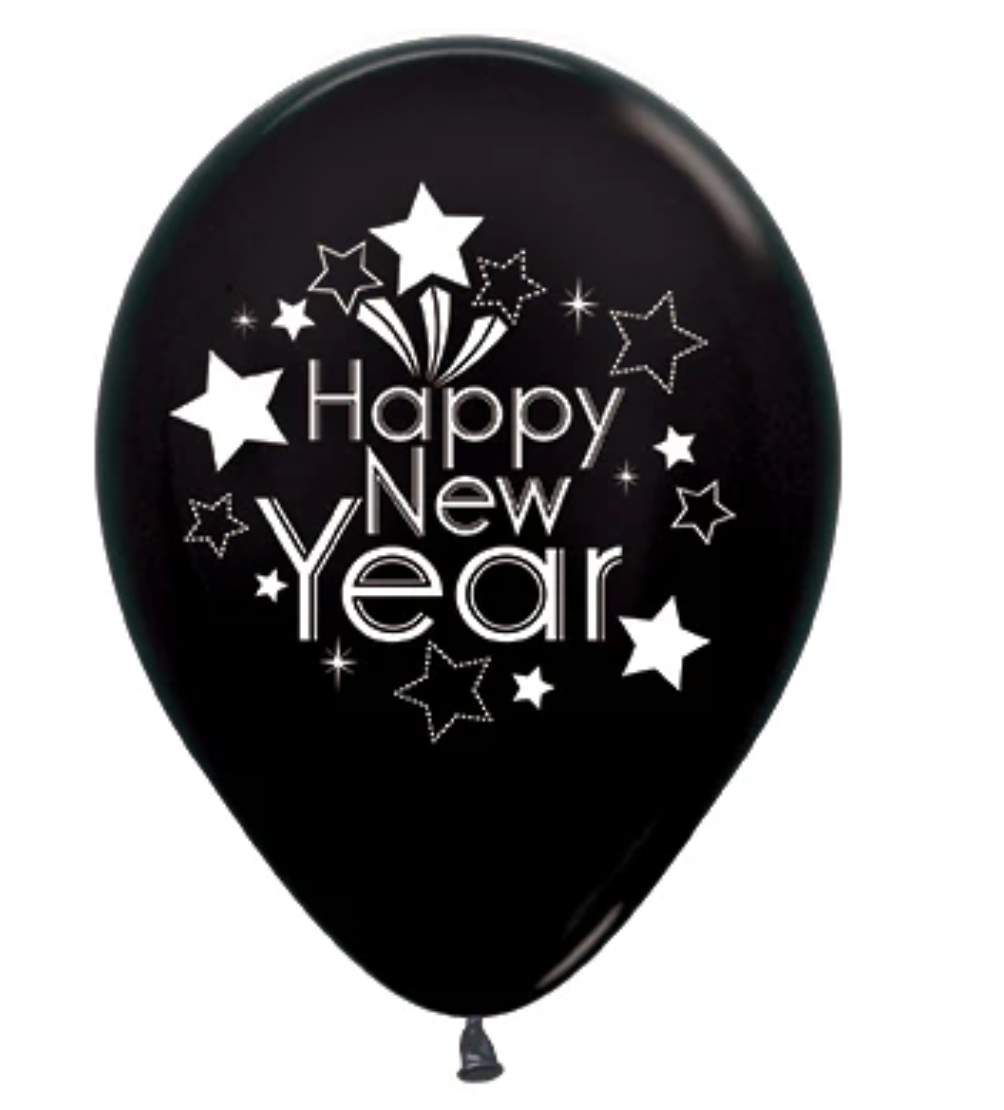 Sempertex 30cm Happy New Year Metallic Black Latex Balloons 6 Pack