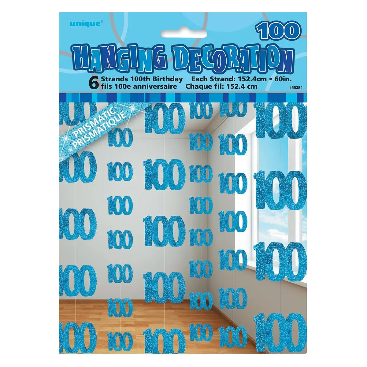 100th Birthday Glitz Blue 6 Hanging Decorations 1.5m