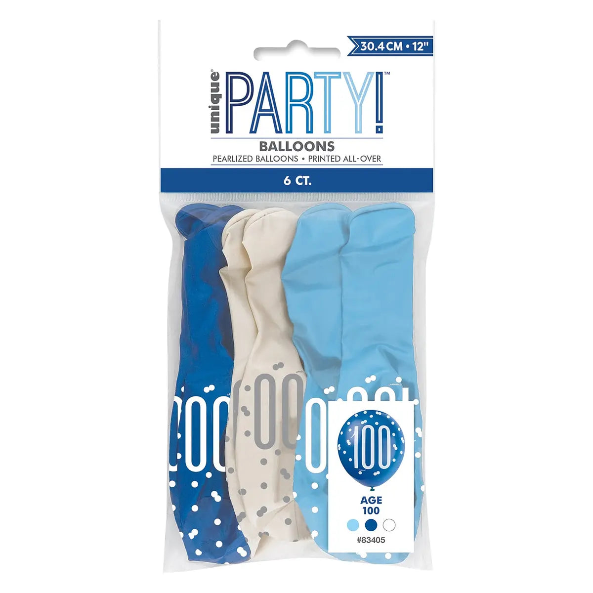 Blue and White Assorted Latex Balloons - 100th Birthday