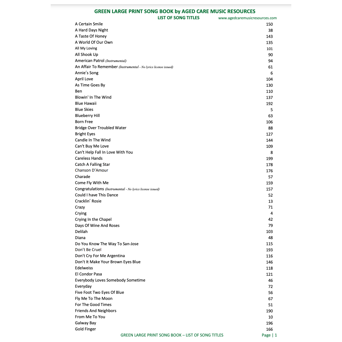 Green Large Print Song Book - Senior Style
