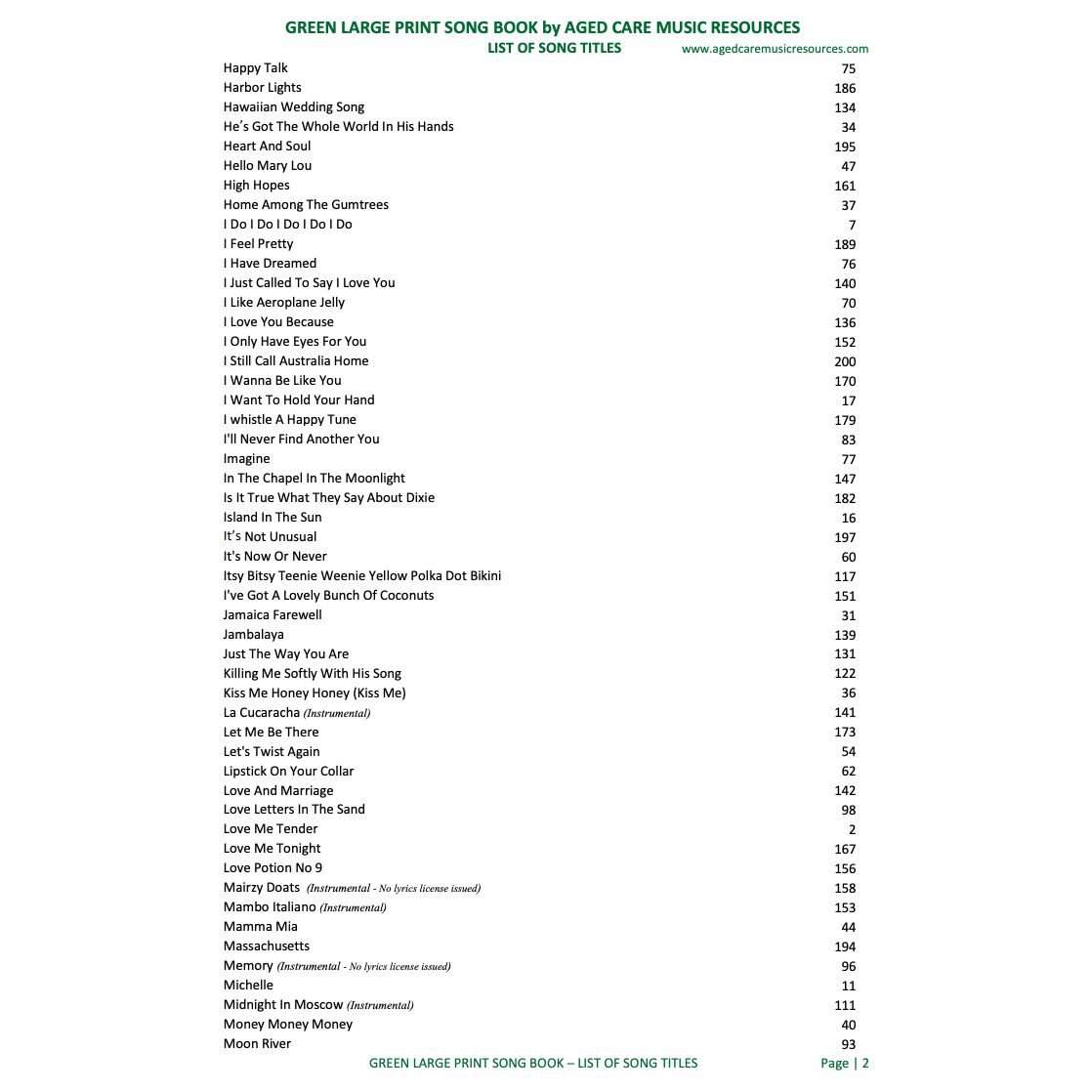Green Large Print Song Book