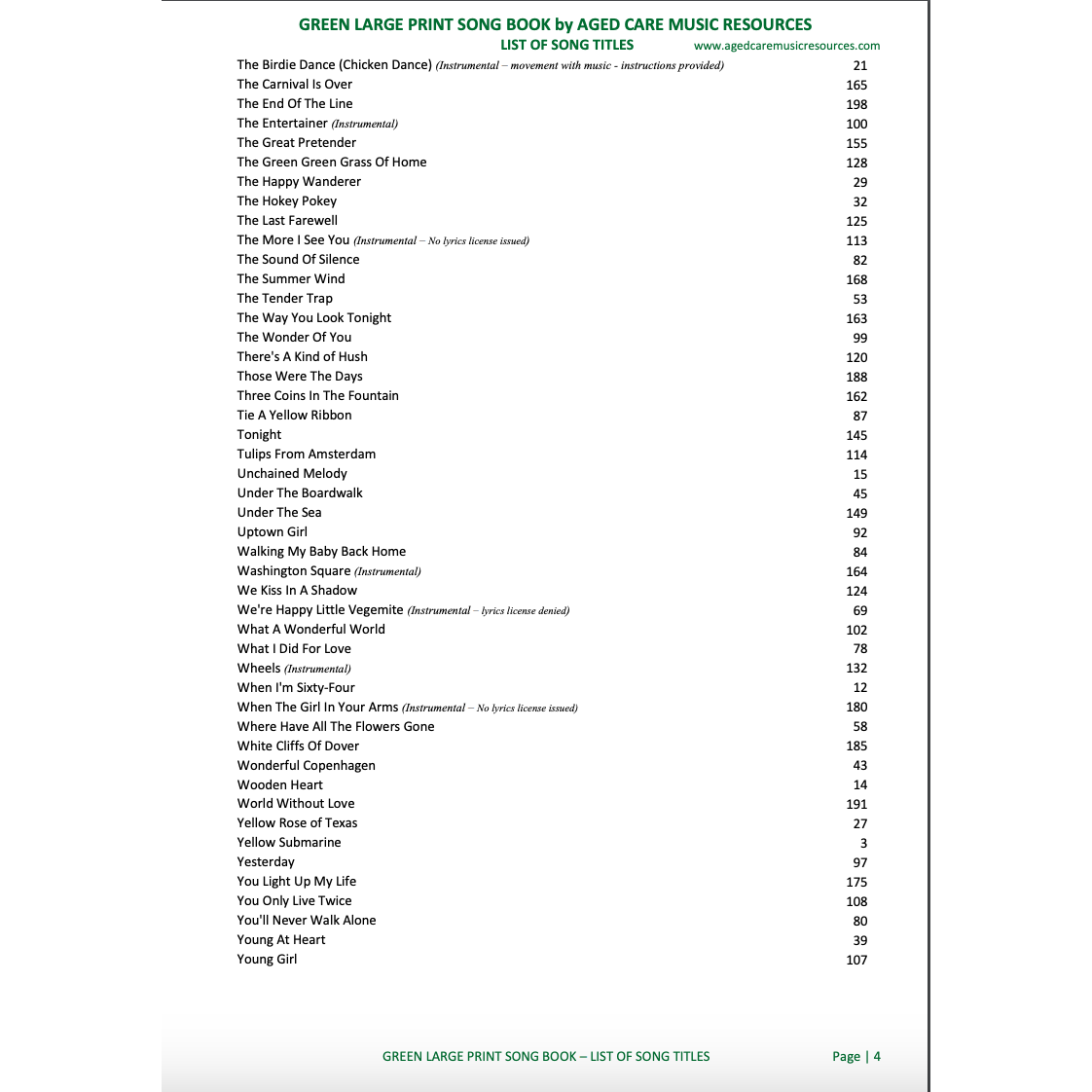 Green Large Print Song Book