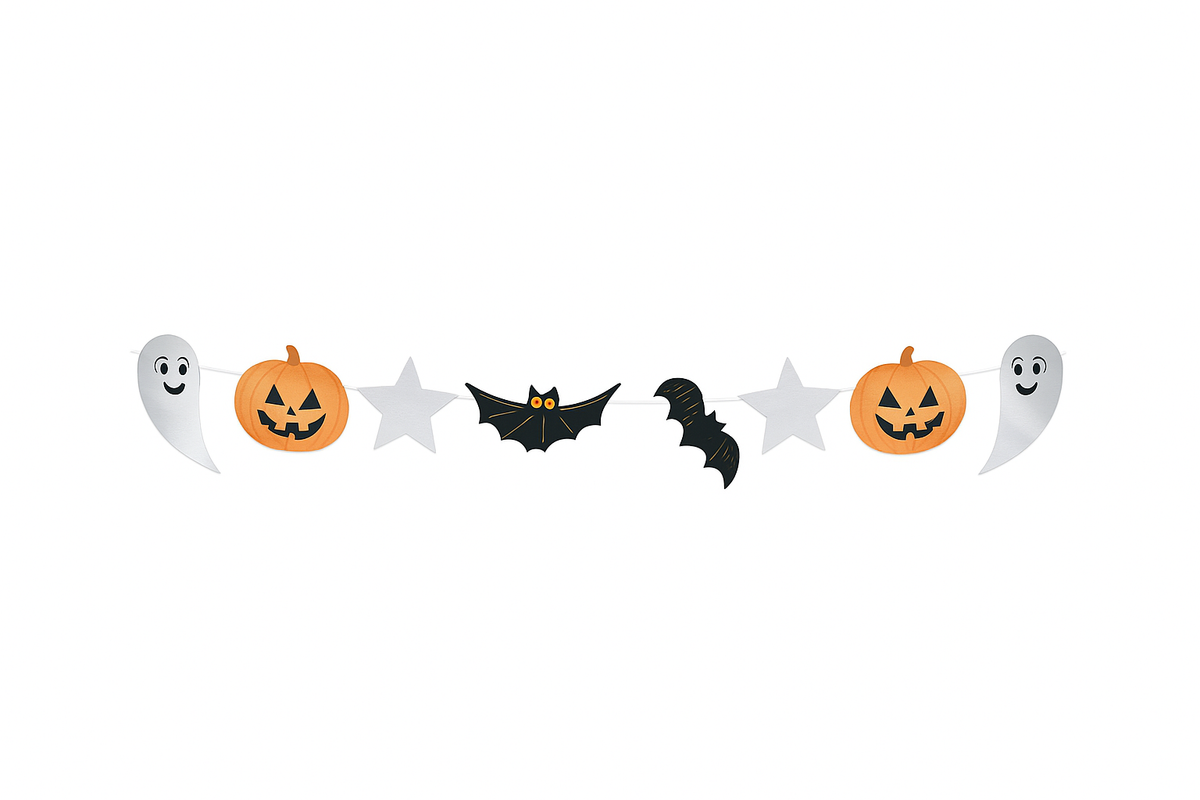 Halloween-themed decorative banner with ghosts, pumpkins, and bats on a white background