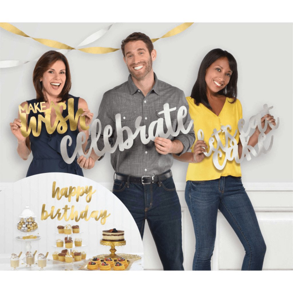 Happy Birthday Themed Foil Cutout Photo Props Silver & Gold - Senior Style