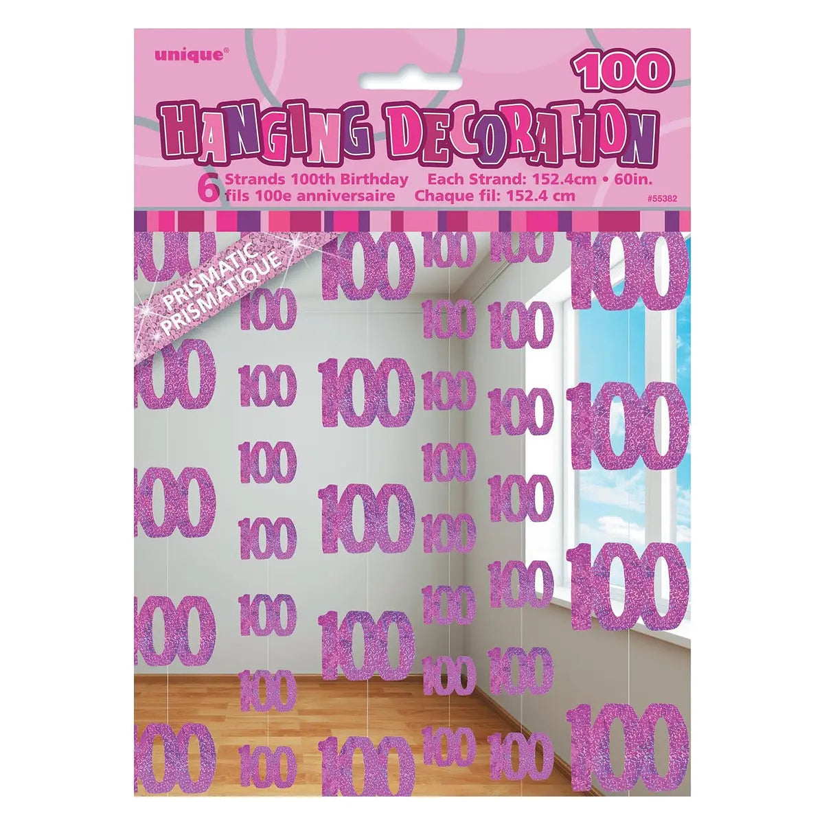 100th Birthday Glitz Pink 6 Hanging Decorations 1.5m