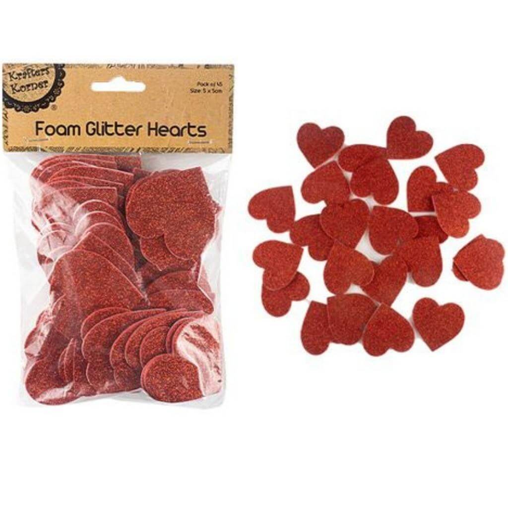 Adhesive Foam Glitter Hearts Red