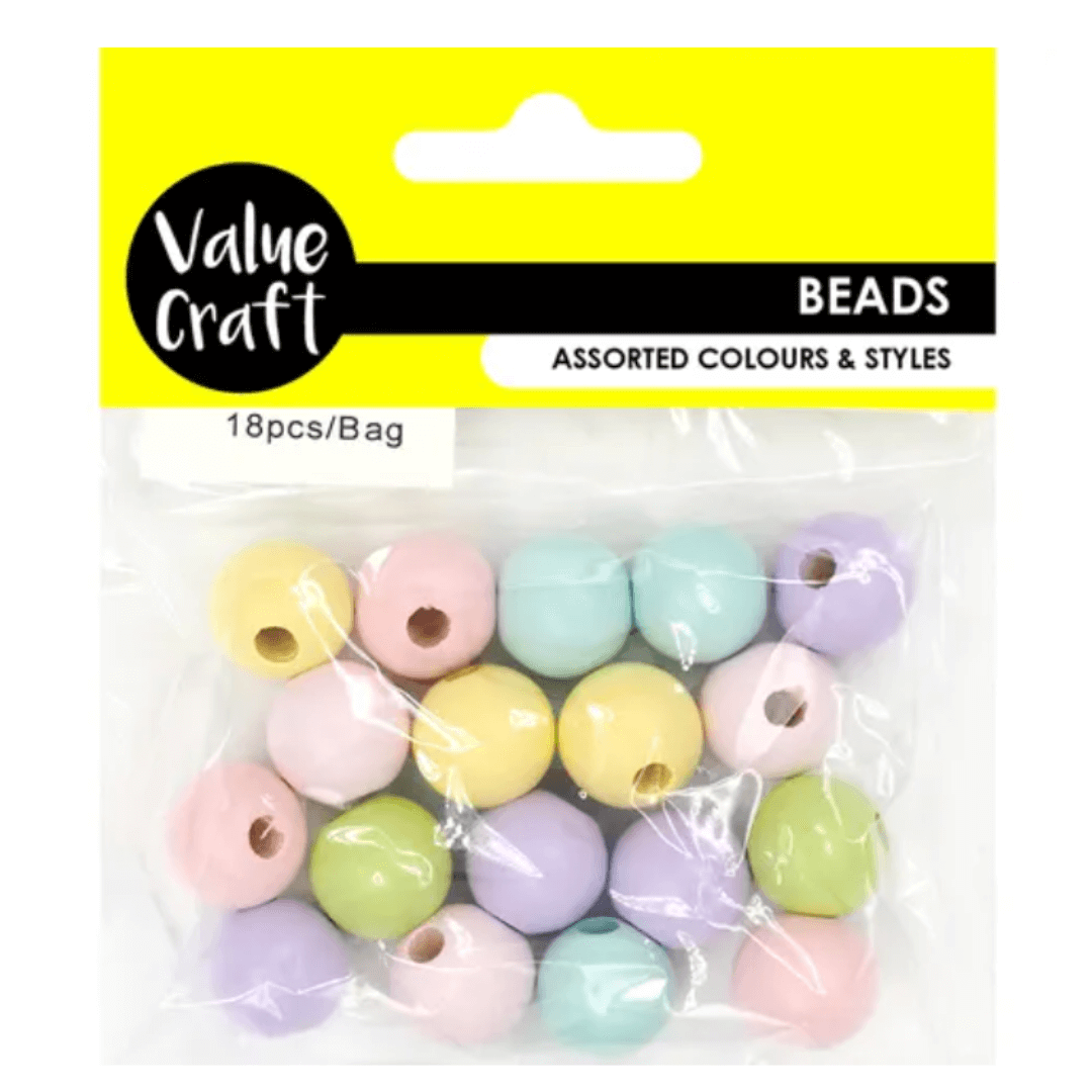 Pastel Round 15mm Wood Beads 18 Pieces