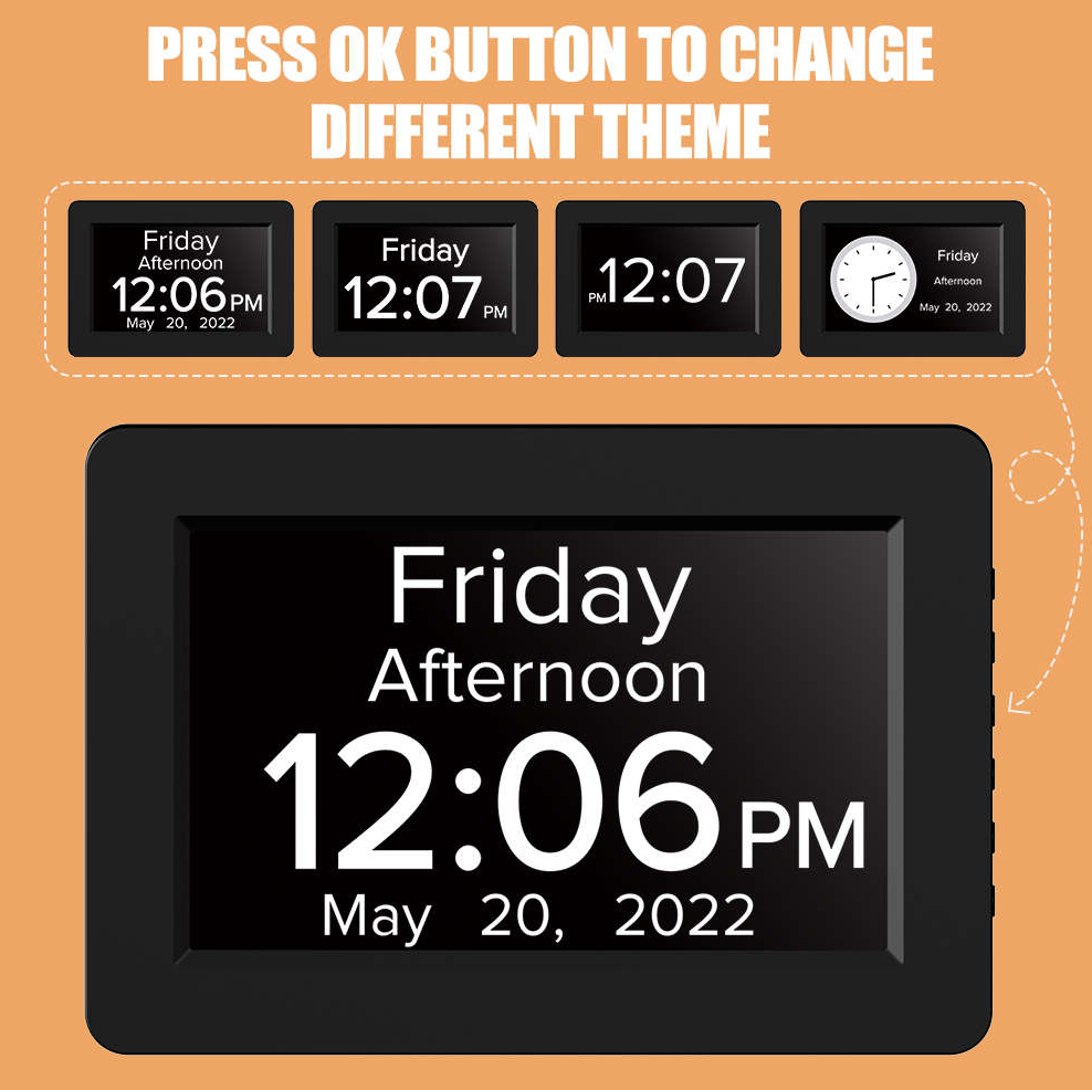 8&quot; TALKING Digital Dementia Orientation Day Clock - BLACK